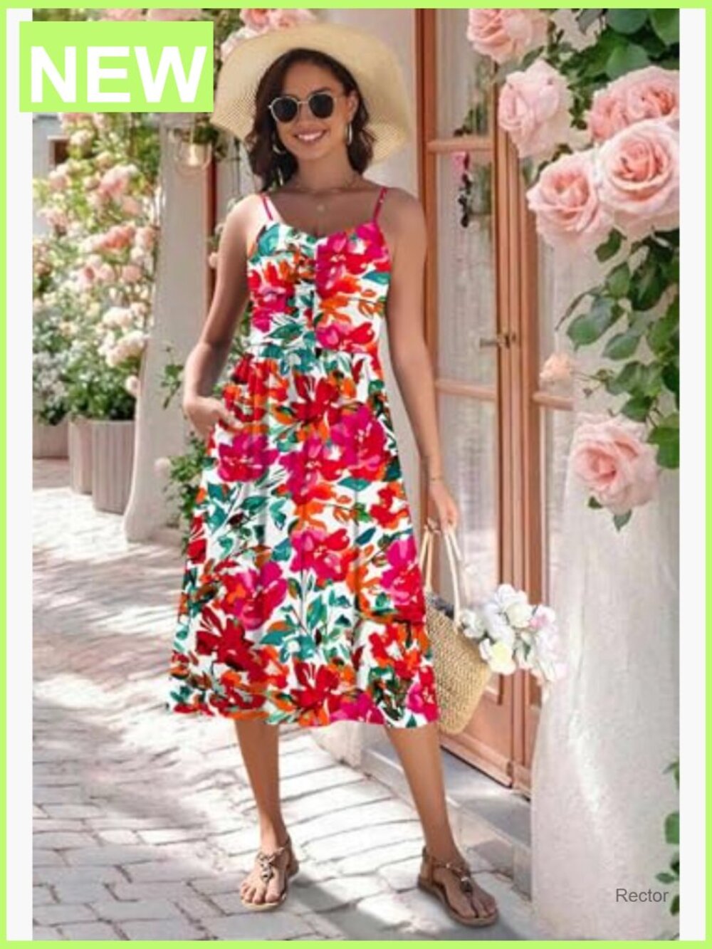 Adjustable Spaghetti Strap V-Neck Midi Sundress with Pockets Flowy Beach - Picture 3 of 7